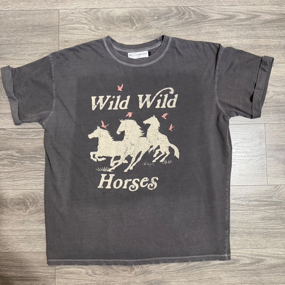 Girl Dangerous 100% Cotton Tee Size L Wild Horses Faded Charcoal Gray Oversized
